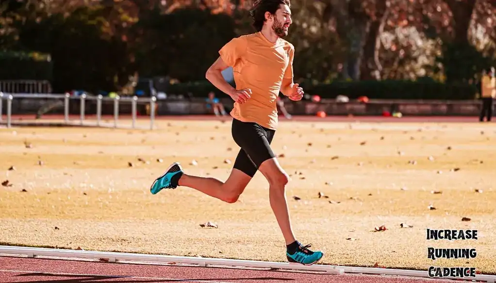 A male runner sprinting on a track field with fallen leaves