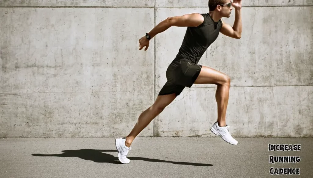 An athlete running against a plain wall background. The athlete is trying to increase his running cadence!