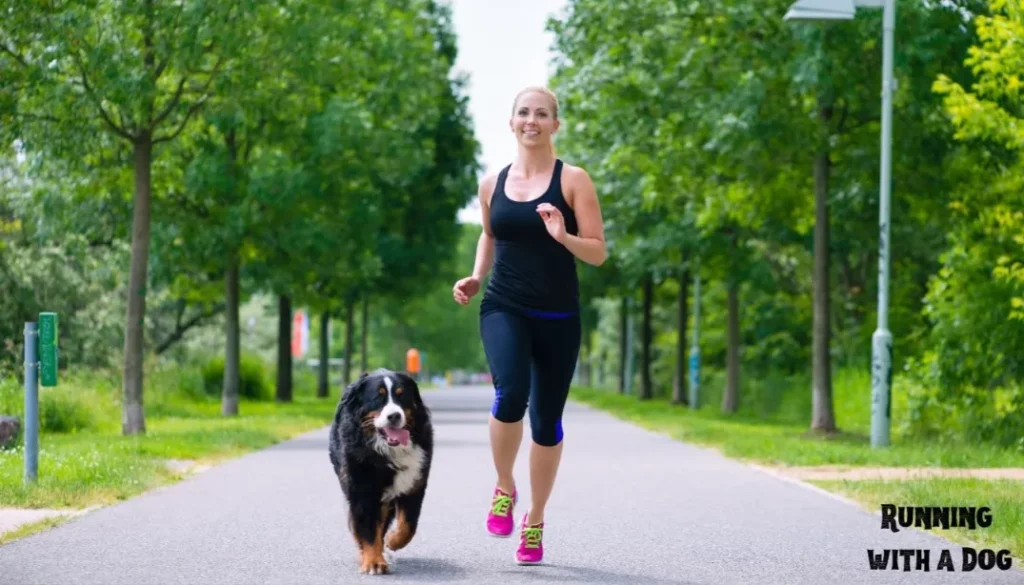 A young woman is exercising her morning run routine with her furry friend.