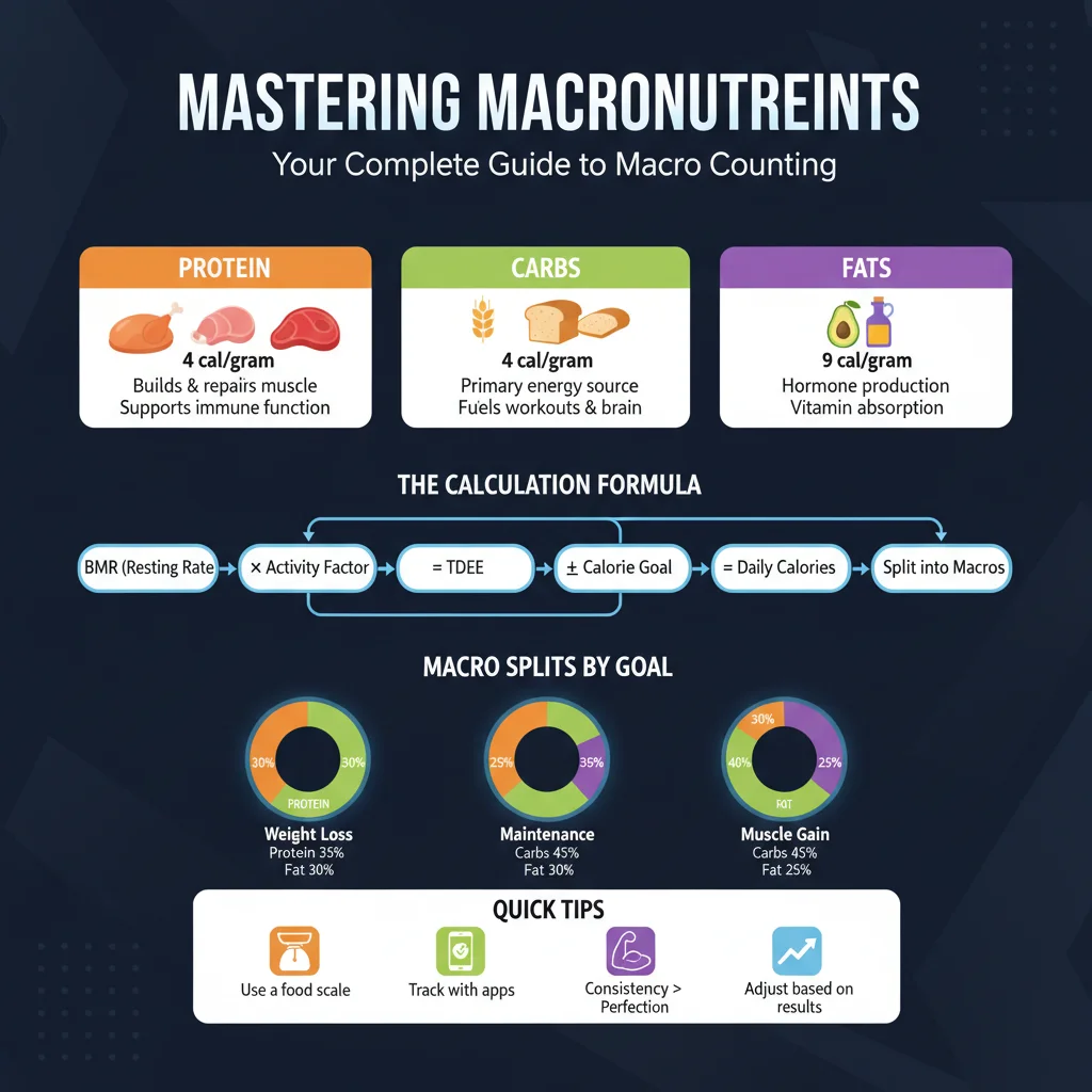 Infographic on macronutrients, showing protein, carbs, and fats with calorie information and calculation formula