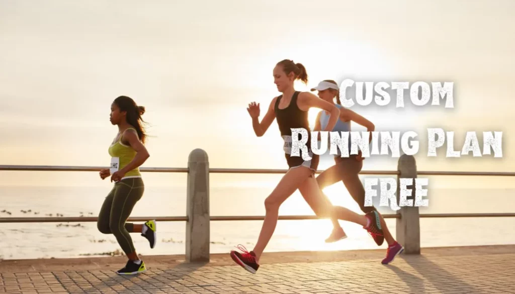 Three diverse women smiling while running on a sunny boardwalk, showcasing the benefits of a custom running plan