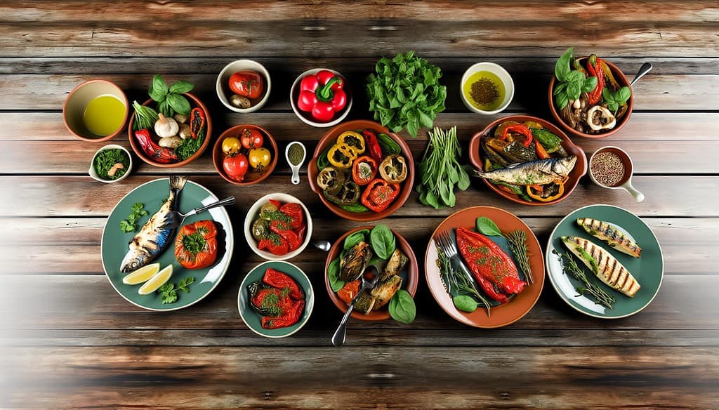 Professional and realistic image of Mediterranean-style Paleo meals featuring vegetable dishes and lean meats Professional and realistic image of Mediterranean-style Paleo meals featuring vegetable dishes and lean meats
