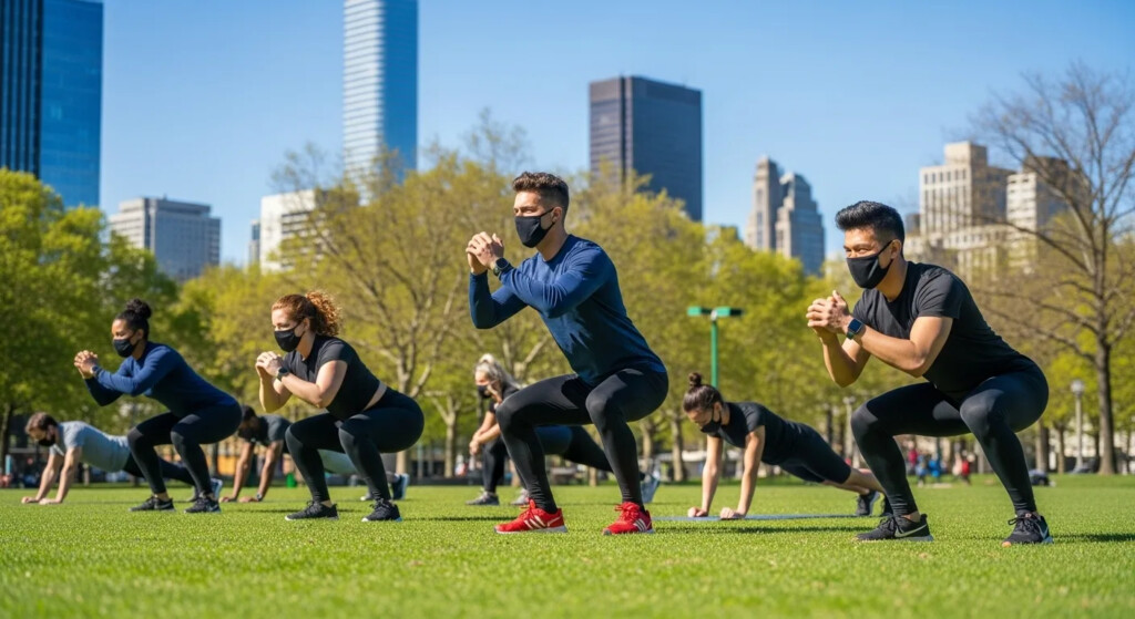 Stay Active During Pandemics - Featured Image 1 Woman exercising outdoors while wearing a mask, staying active during COVID.