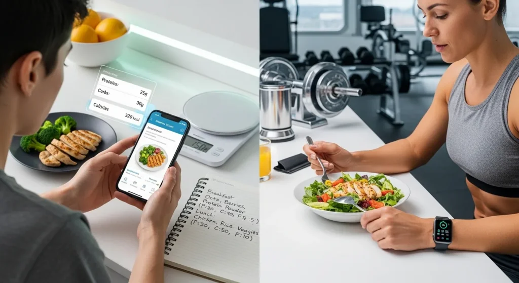 Woman tracking macronutrients Woman tracking macronutrients on a mobile app for precise fitness results featuring Counting macronutrients.