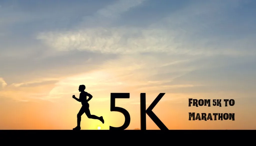 Silhouette of a runner at sunset approaching a 5K sign, symbolizing the journey from starting with a 5K to achieving a marathon.