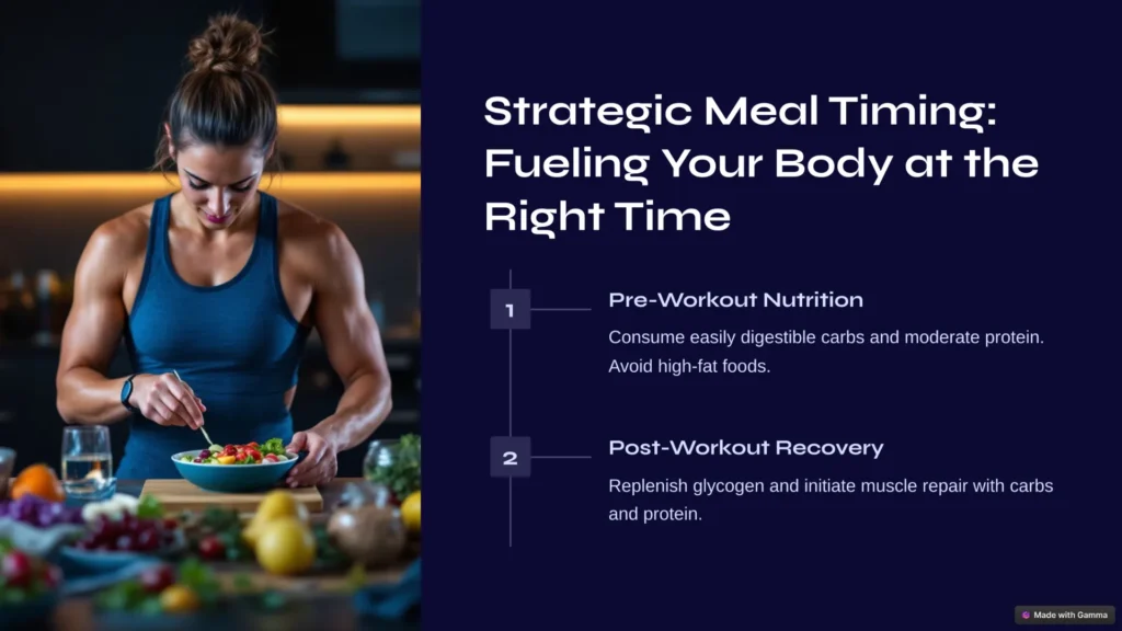 Infographic explaining 4 strategic meal timing principles for athletes to optimize energy levels and recovery.