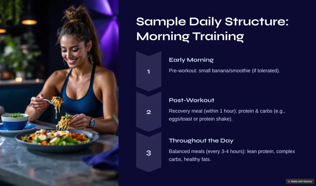 Infographic presenting a sample daily schedule for athletes with a focus on structured morning training routines.