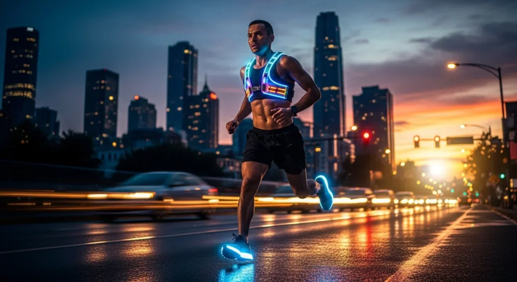 High-energy runner in glowing high-vis LED vest and shoes running against traffic at dawn 2026 style, dramatic lighting, motivational poster vibe