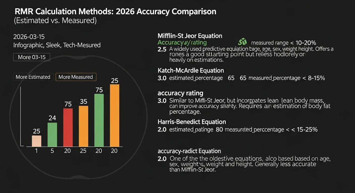 A modern, sleek infographic comparing 5 different RMR calculation methods (Mifflin-St Jeor, Katch-McArdle, Harris-Benedict, a BIA scanner, and a metabolic cart) on a scale of 'Estimated' to 'Measured' accuracy, with clear 2026 data points and error percentages. Professional, clean, tech-style.