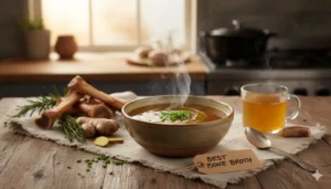 Best bone broth of 2025 in bowls and jars on a wooden table.