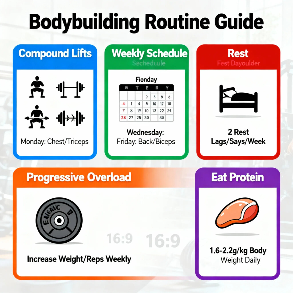 beginner-bodybuilding-routine Beginner bodybuilding routine infographic for those learning how to begin bodybuilding with a strong foundation.