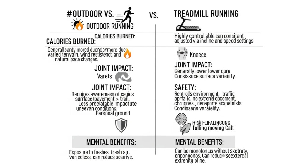Outdoor Running Vs Treadmill - Guide Image 2 Treadmill vs outdoor running comparison with a person running on a treadmill in the background and a runner outdoors in...