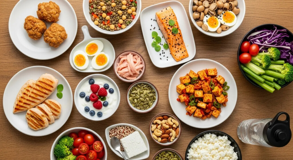 Protein rich diet infographic highlighting 7 steps to fitness and weight loss.