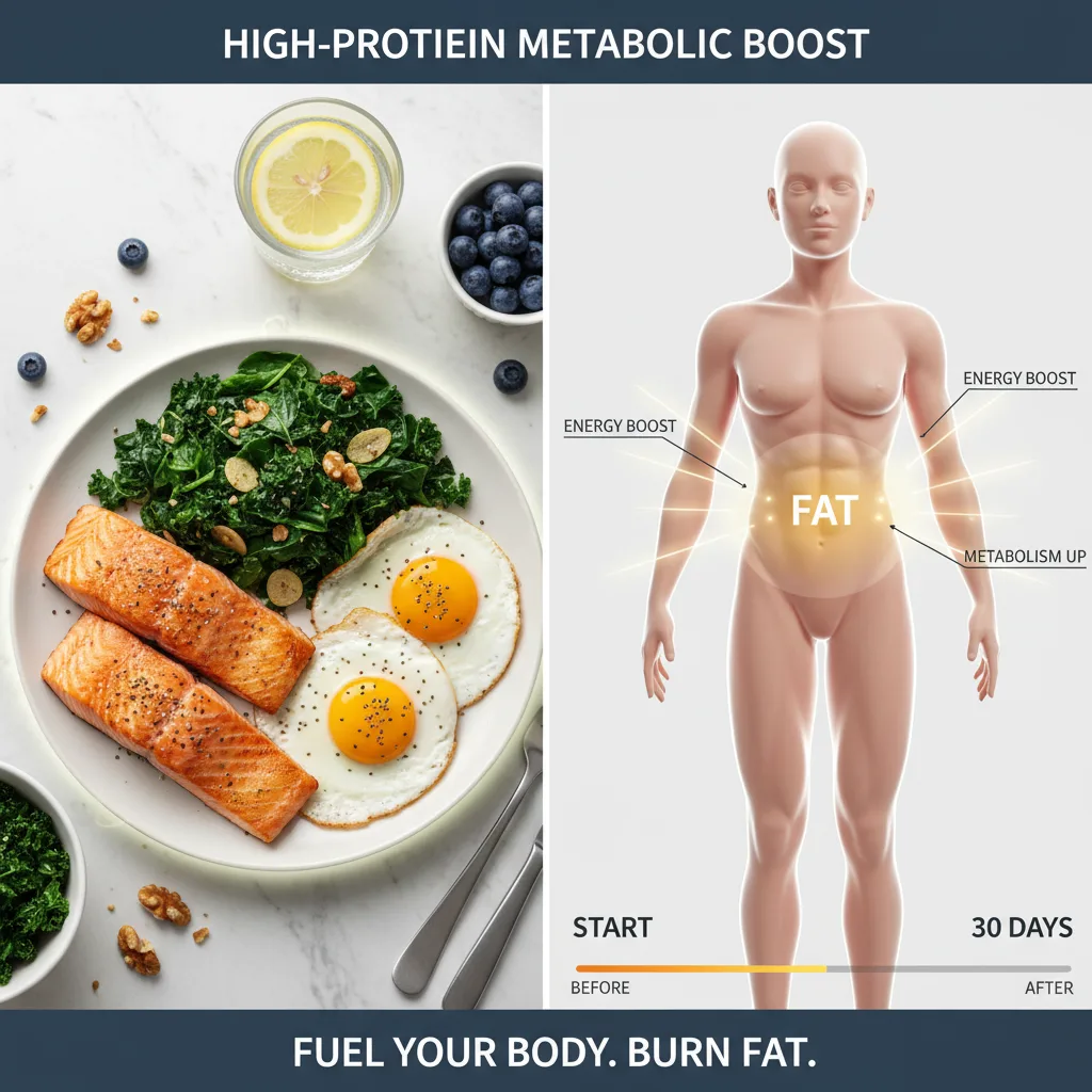 Plate of high-protein metabolic-boosting foods: eggs, salmon, greens, before-after fat burn animation. Plate of high-protein metabolic-boosting foods: eggs, salmon, greens, before-after fat burn animation.
