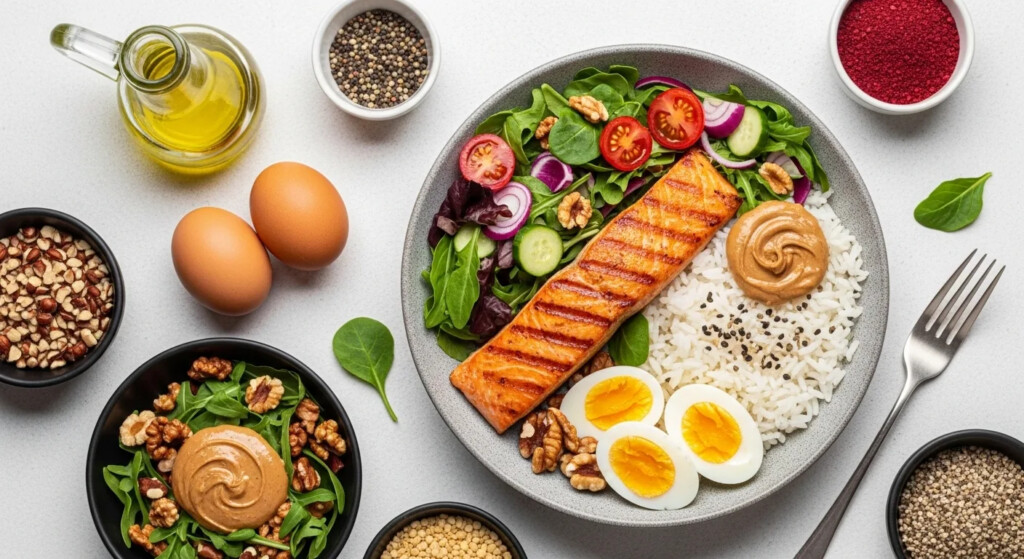 How To Gain Weight With A Fast Metabolism: Colorful, high-calorie meal prep with salmon, rice, nut butter, eggs, and oil for