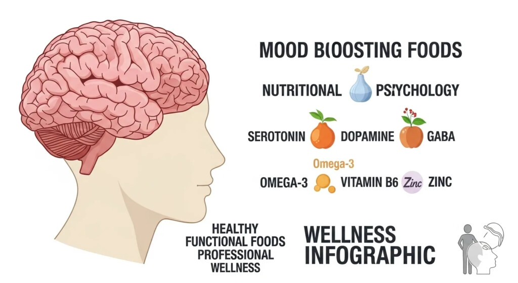 Can Food Affect Our Mood Can Food Affect Our Mood: Infographic showing a person eating mood-boosting foods with key brain chemicals floating around t