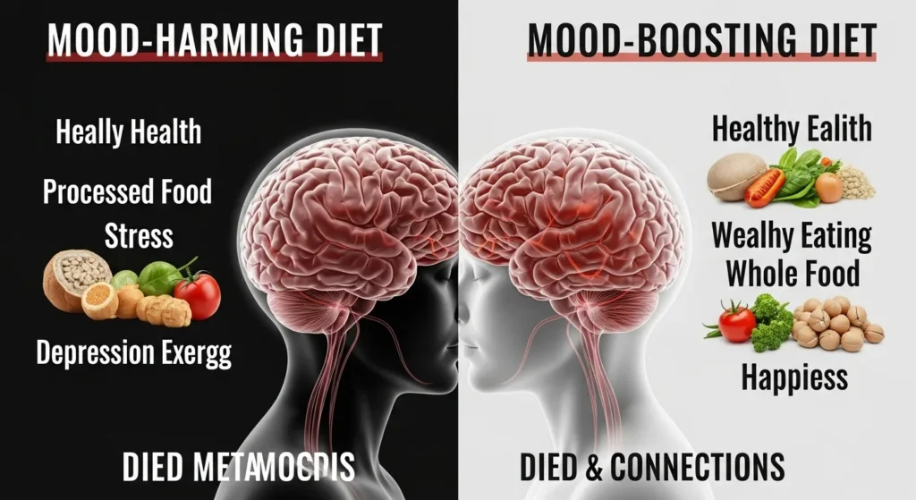 Can Food Affect Our Mood Can Food Affect Our Mood: Split image showing how food affects mood: Junk food leads to low mood on left, healthy mood-boost
