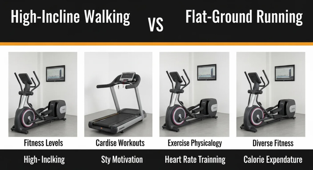 Incline Walking vs Running: 7 Surprising Benefits Revealed! - Featured Image 1 Woman walking on incline treadmill with a determined expression, comparing incline walking vs running benefits.