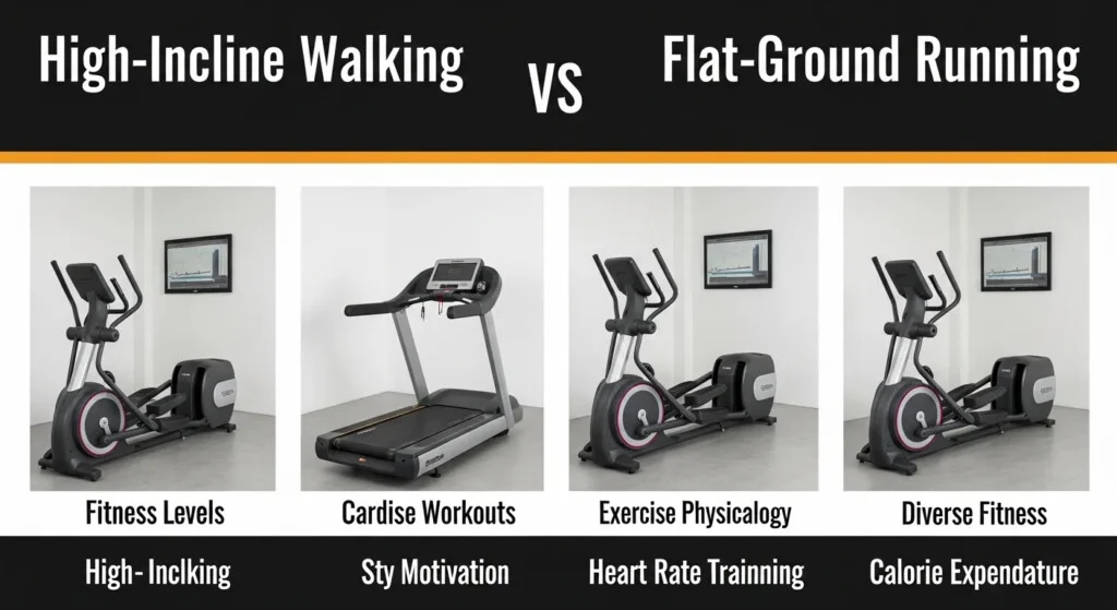 Incline Walking vs Running: 7 Surprising Benefits Revealed! - Featured Image 1 Woman walking on incline treadmill with a determined expression, comparing incline walking vs running benefits.