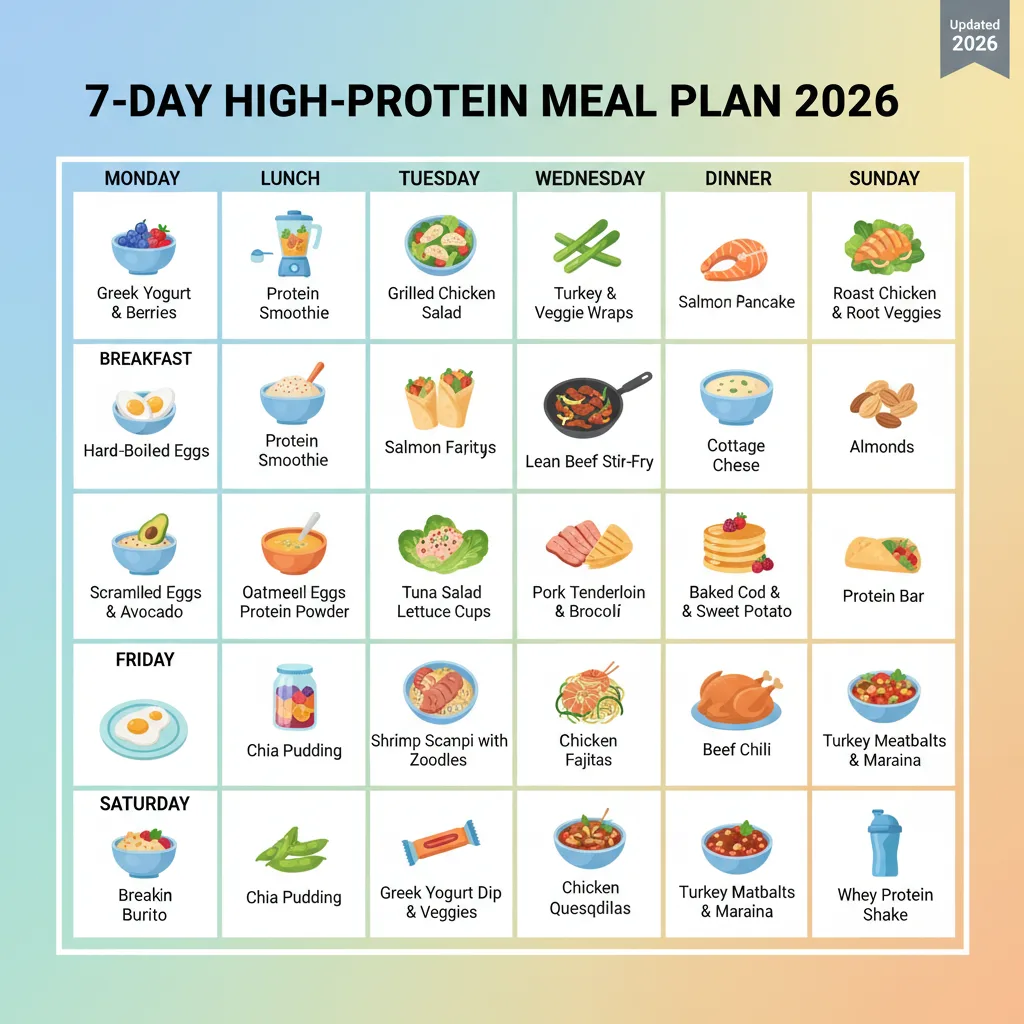 Sample 7-day high-protein meal plan calendar, colorful, easy-scan, 2026 updated. Sample 7-day high-protein meal plan calendar, colorful, easy-scan, 2026 updated.