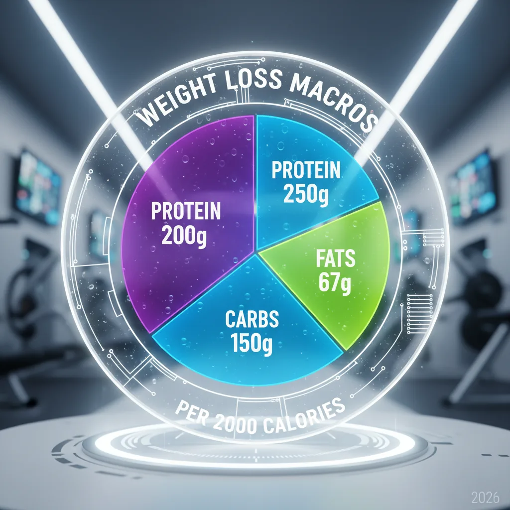 Macro pie chart: protein 40%, carbs 30%, fats 30% for weight loss, vibrant, labeled grams per 2000 cal, modern 2026 fitness aesthetic Macro pie chart: protein 40%, carbs 30%, fats 30% for weight loss, vibrant, labeled grams per 2000 cal, modern 2026 fitness aesthetic