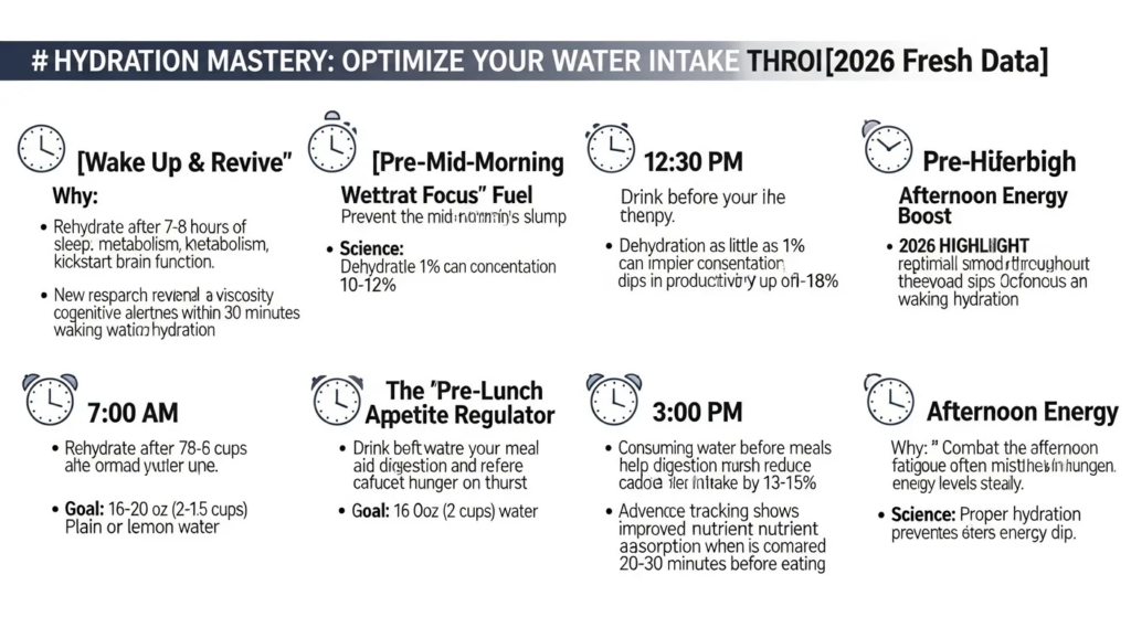 Infographic timeline of best water drinking times throughout day, clock icons, science stats, 2026 fresh data highlights, clean bold design