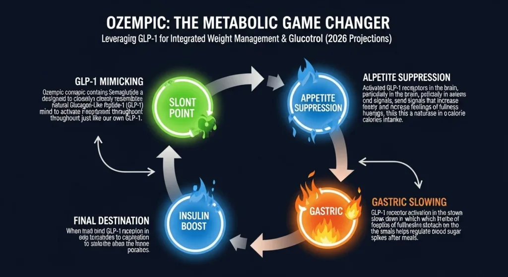 High-energy infographic showing Ozempic mechanism High-energy infographic showing Ozempic mechanism: GLP-1 mimicking, appetite suppression, gastric slowing, insulin boost. Bold colors, 2026 stats overlay.