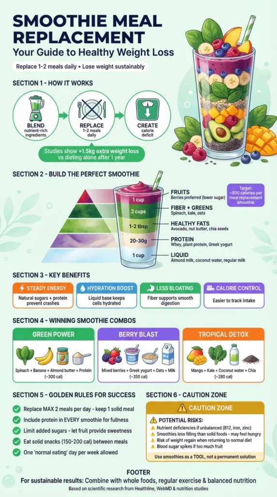 Weight loss infographic showing smoothie meal replacement guide with sections on how it works, building perfect smoothies, key benefits, winning smoothie combos, golden rules for success, and caution zone