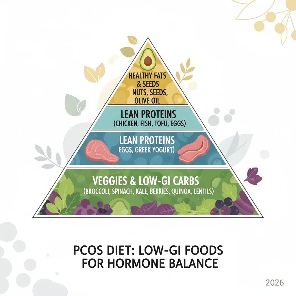 Infographic pyramid of low-GI PCOS diet foods: veggies bottom, proteins, healthy fats top, bold labels, 2026 fresh design Infographic pyramid of low-GI PCOS diet foods: veggies bottom, proteins, healthy fats top, bold labels, 2026 fresh design
