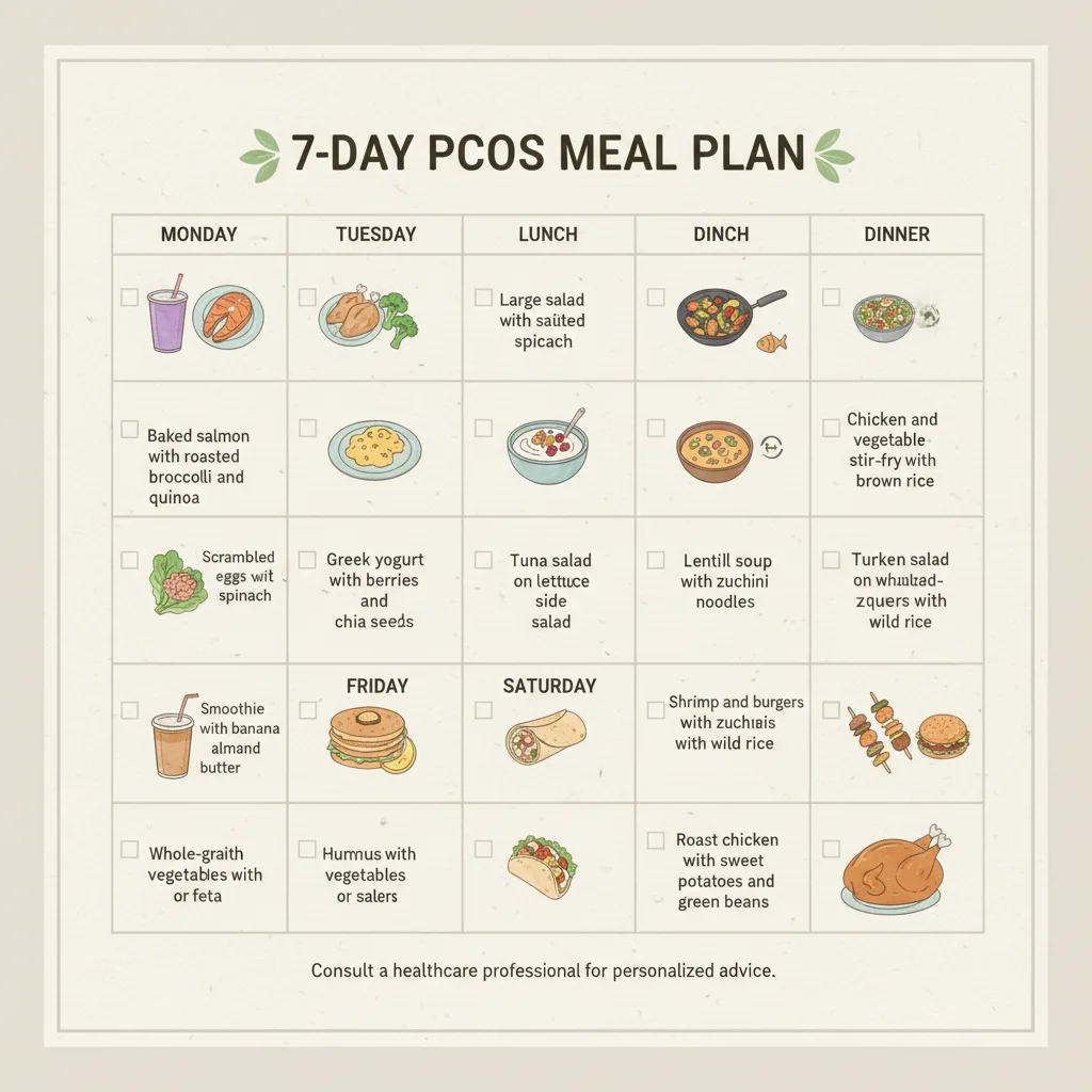 7-day calendar meal plan for PCOS, checkboxes, delicious food icons, printable style 7-day calendar meal plan for PCOS, checkboxes, delicious food icons, printable style