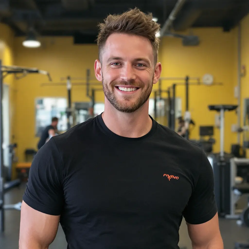 Two men sitting on chairs, smiling, with gym equipment behind them.