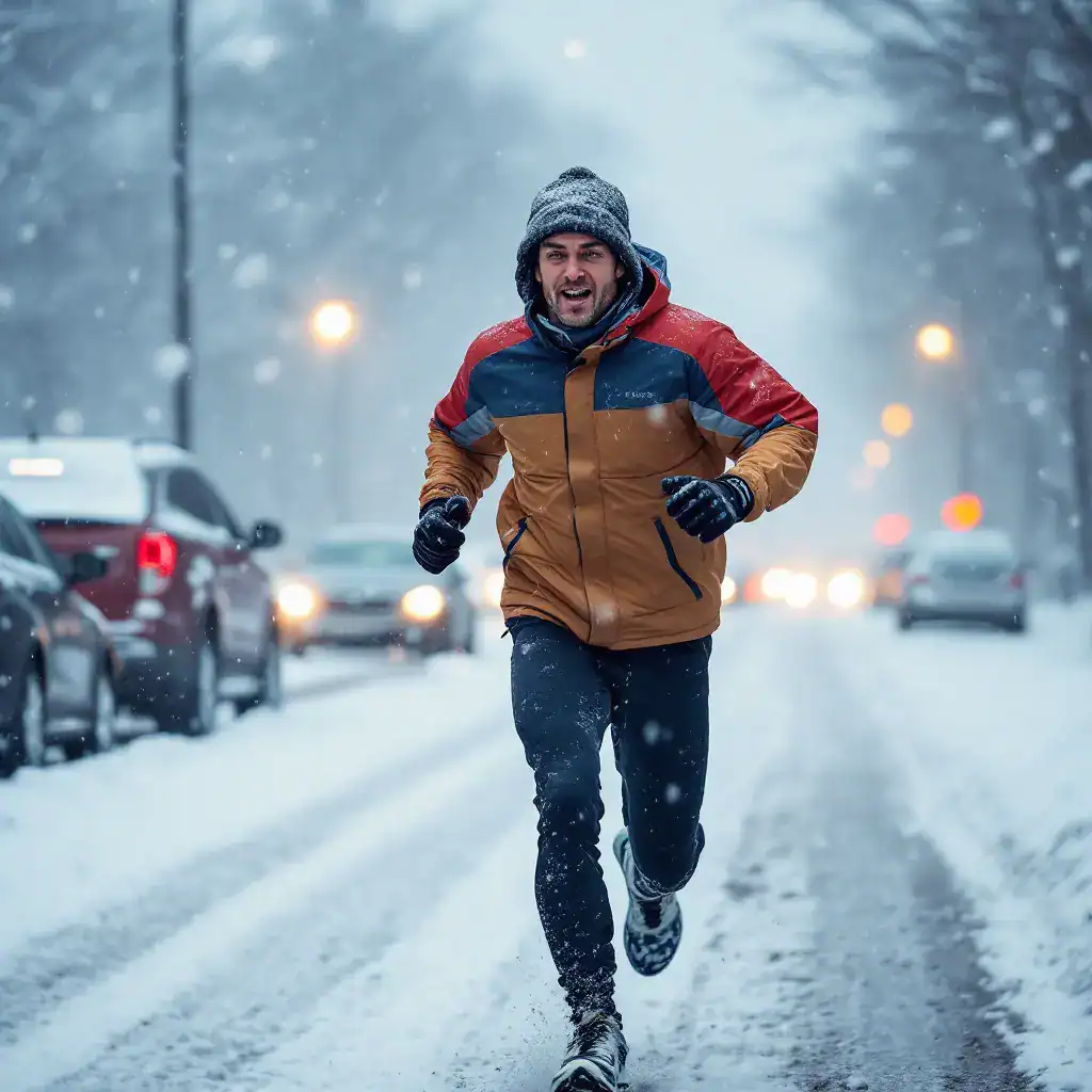 Runner in cold, snowy conditions, representing expert advice on mastering running in adverse weather.