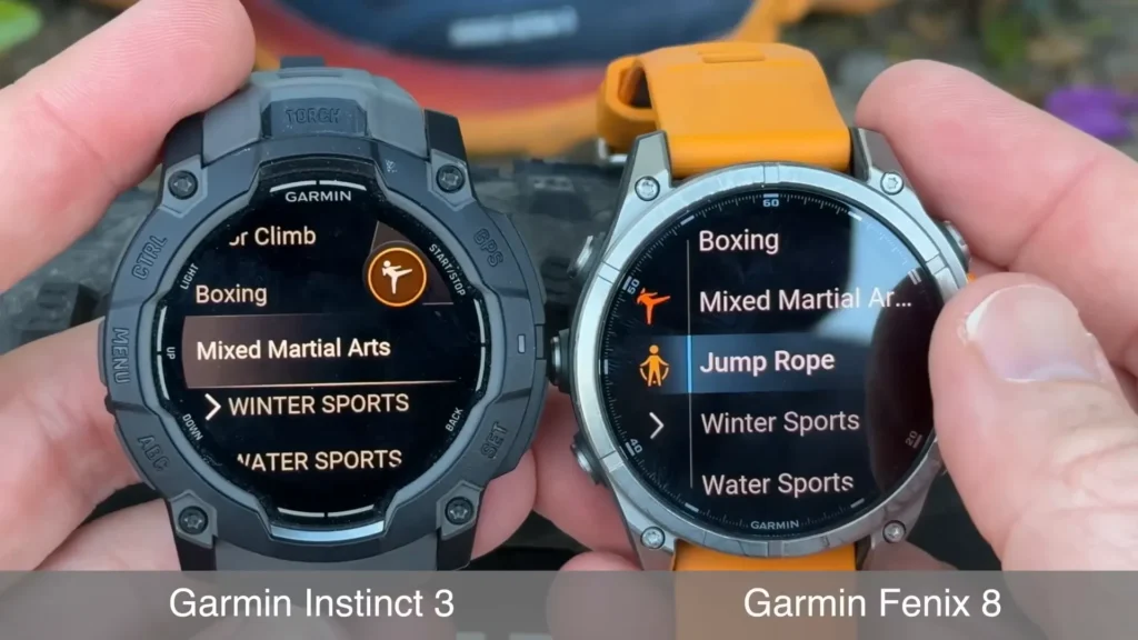 Side-by-side comparison of Garmin Instinct 3 and Fenix 8 displaying different sport modes: boxing, running, and more.