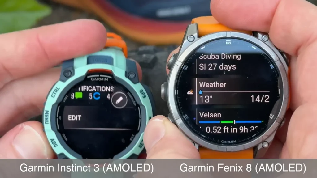 Comparison of Garmin Instinct 3 (AMOLED) and Garmin Fenix 8 (AMOLED) screen clarity and visibility in outdoor conditions.