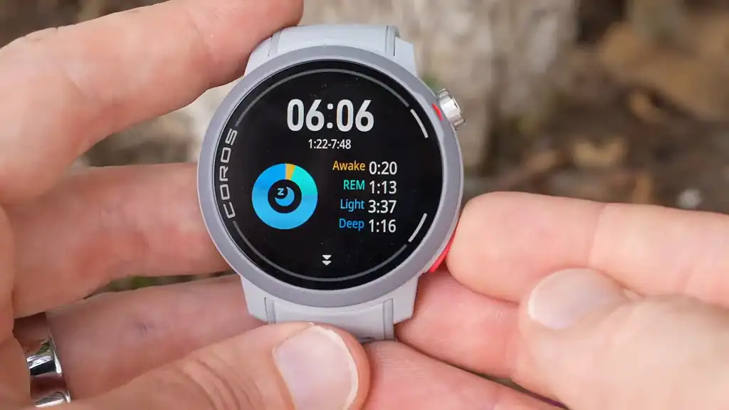 COROS Pace Pro smartwatch displaying workout data screen with time, pace, and other metrics for performance tracking.