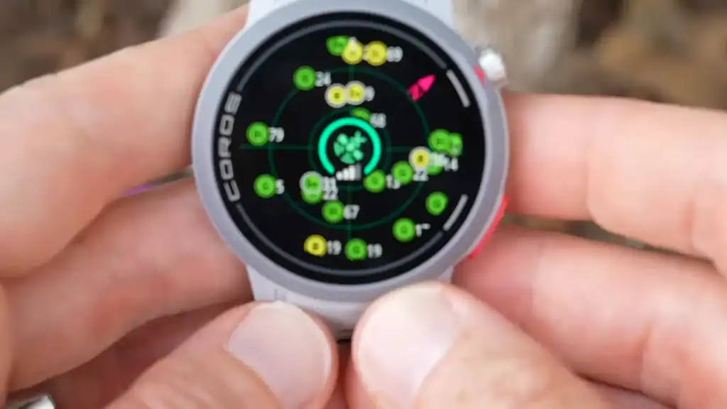 COROS Pace Pro smartwatch displaying navigation and route tracking with a detailed map for outdoor adventures.
