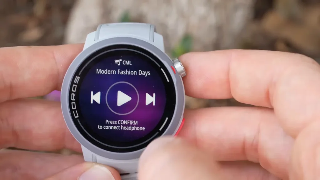 COROS Pace Pro smartwatch showing music playback controls, allowing users to manage audio during workouts.