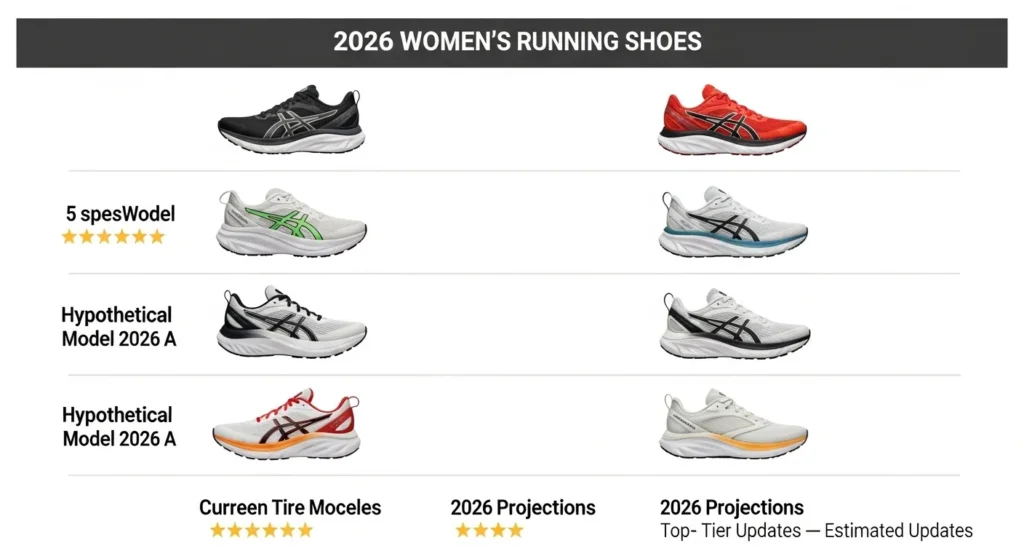 Comparison chart of top 5 2026 women's running shoes stack heights and weights, infographic style