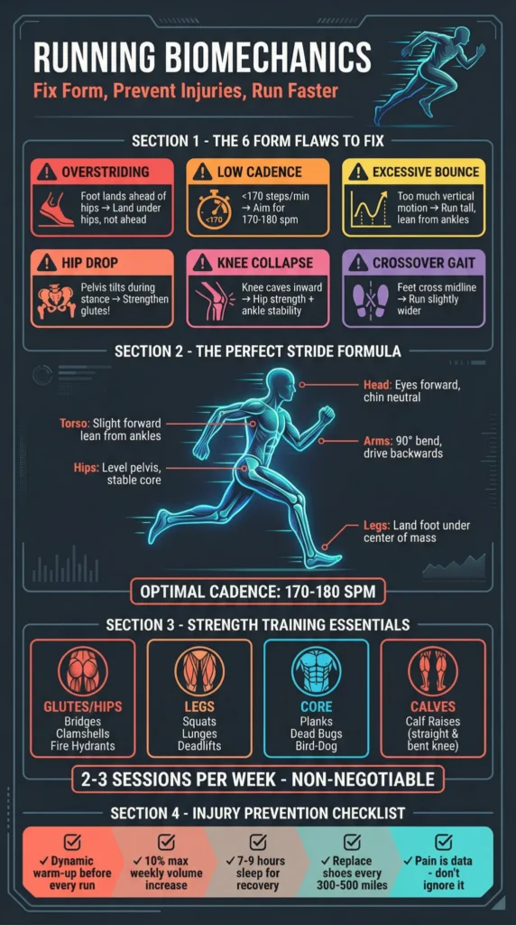 Infographic showing running form flaws and fixes, plus strength training and injury prevention tips.