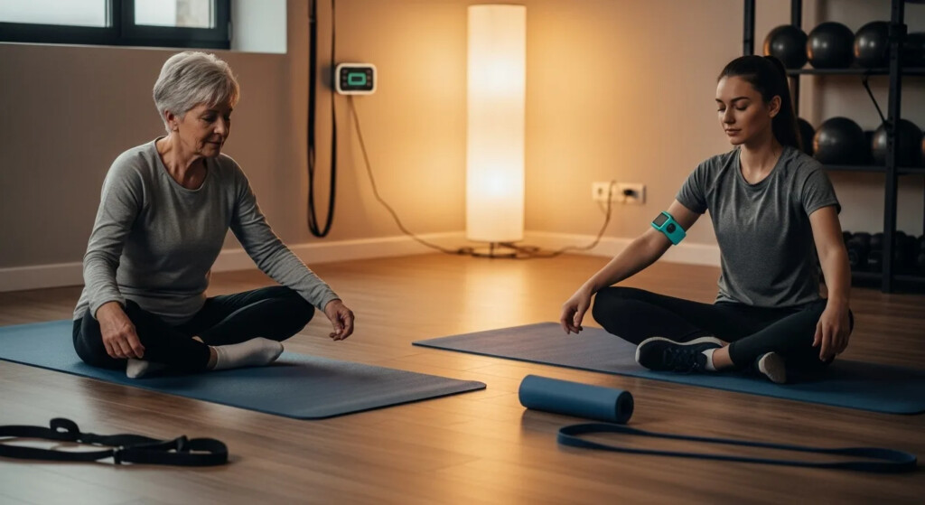Woman performing HIIT for flexibility exercises outdoors with a fitness tracker.