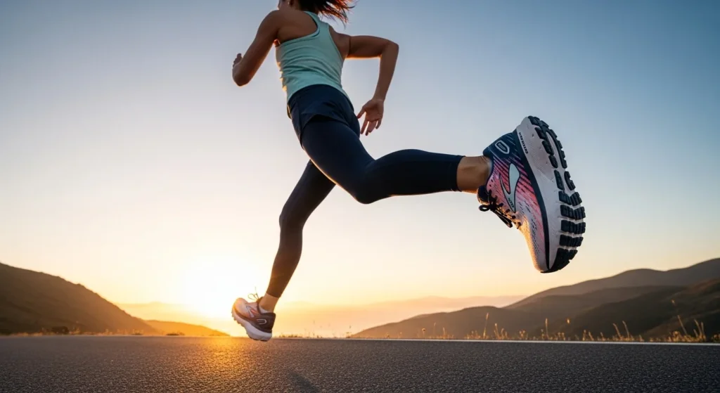 Dynamic action shot of woman running on road in Brooks Ghost 18 shoes, sunrise, high energy, 2026 model details visible Dynamic action shot of woman running on road in Brooks Ghost 18 shoes, sunrise, high energy, 2026 model details visible