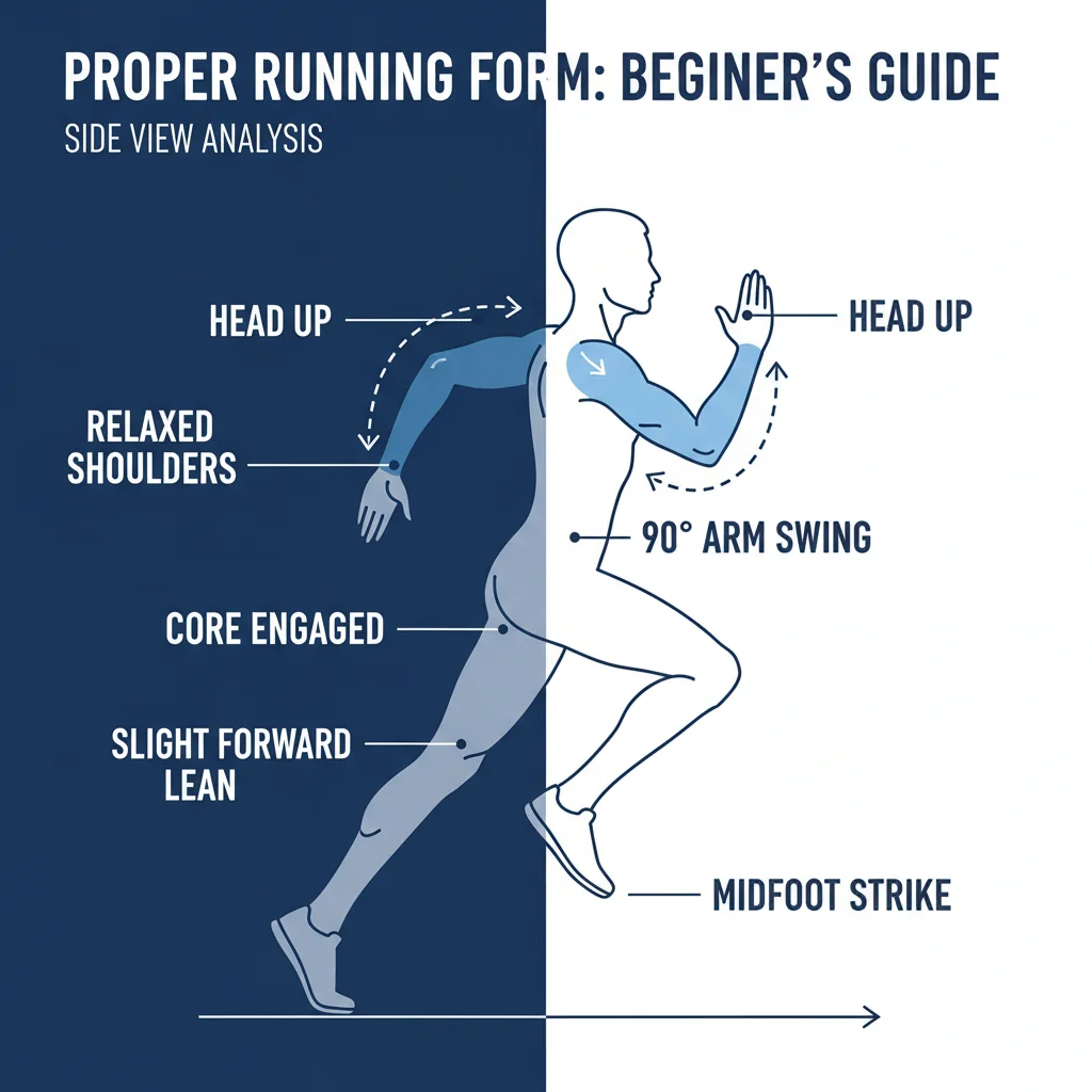 Infographic showing proper running form: side view runner with perfect posture, midfoot strike, arm swing diagram Infographic showing proper running form: side view runner with perfect posture, midfoot strike, arm swing diagram, labels for beginners, clean modern design, high contrast.
