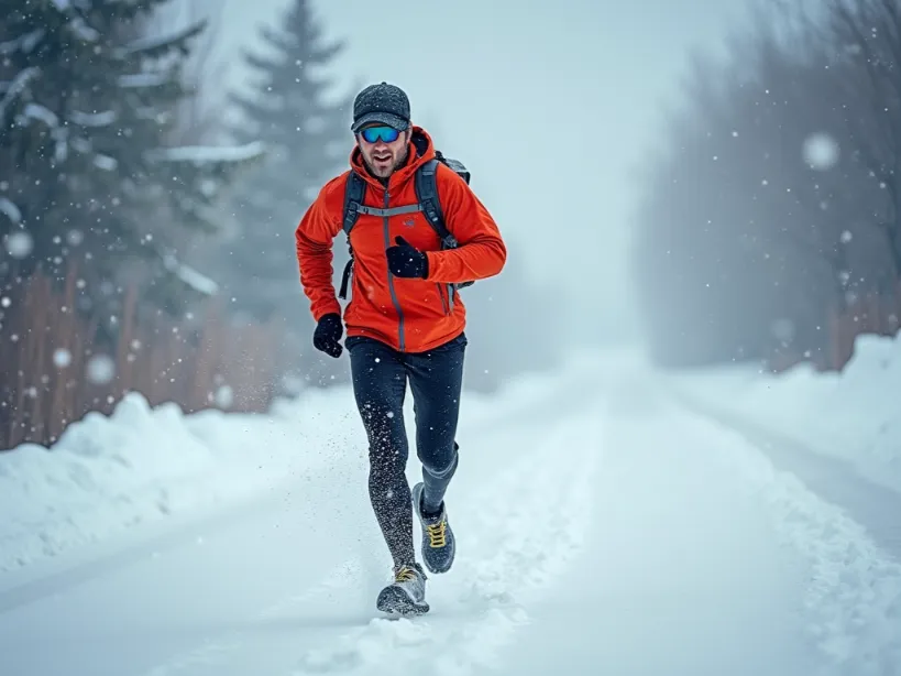 Runner training in heavy snow, demonstrating the need for proper gear and training.