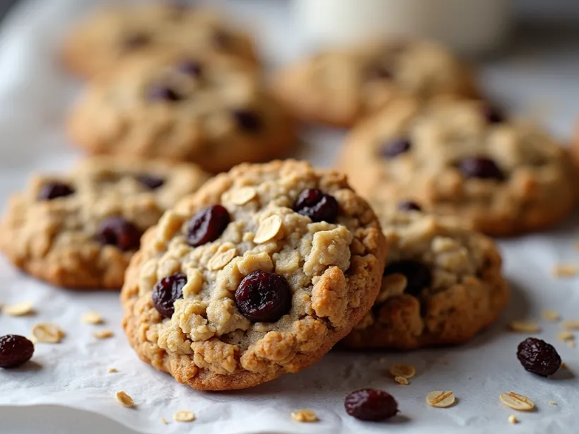 Close-up of healthy oatmeal raisin cookies, showcasing their texture and ingredients.
