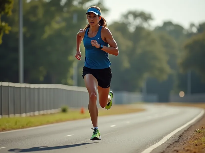 Female runner accelerating during outdoor speed drills.