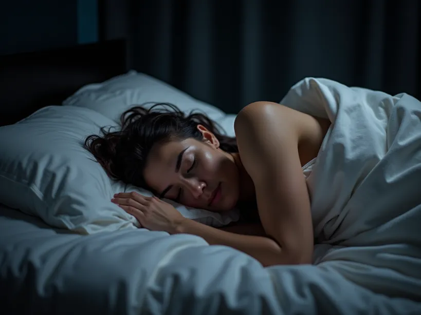 Close up of woman sleeping emphasizing impact of sleep on muscle growth.