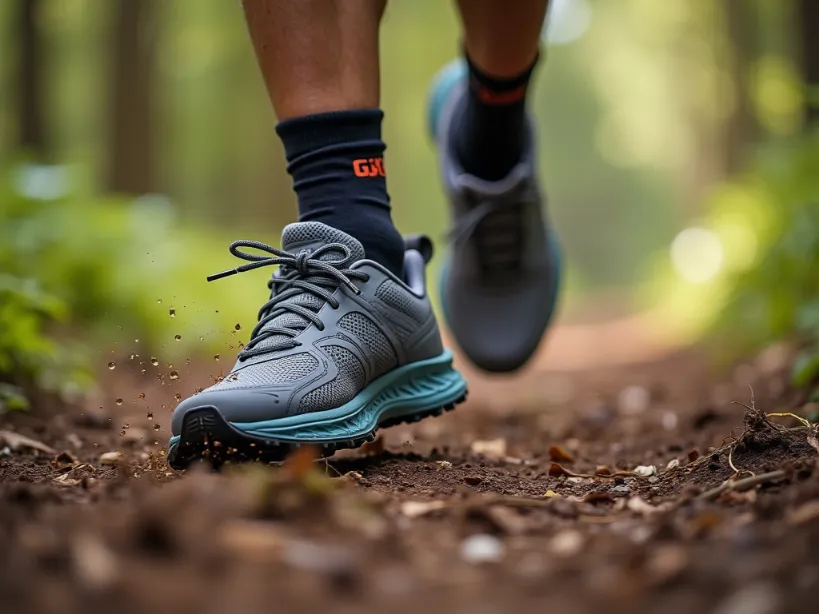 Close-up of trail running shoes navigating uneven terrain.