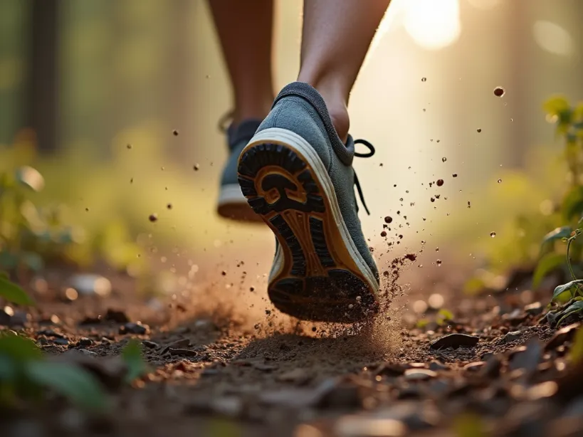 Runner’s feet on a rocky trail, illustrating the varied terrains encountered in trail running.