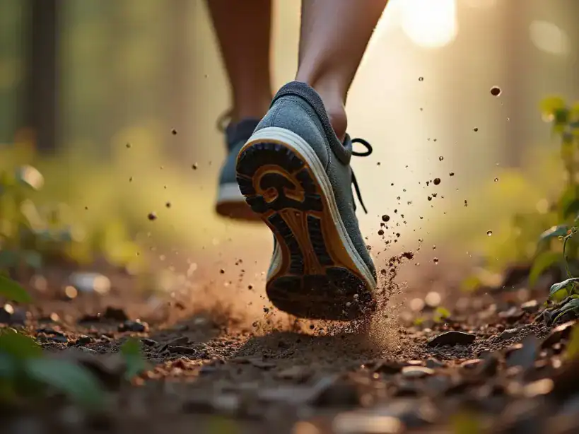 Runner’s feet on a rocky trail, illustrating the varied terrains encountered in trail running.