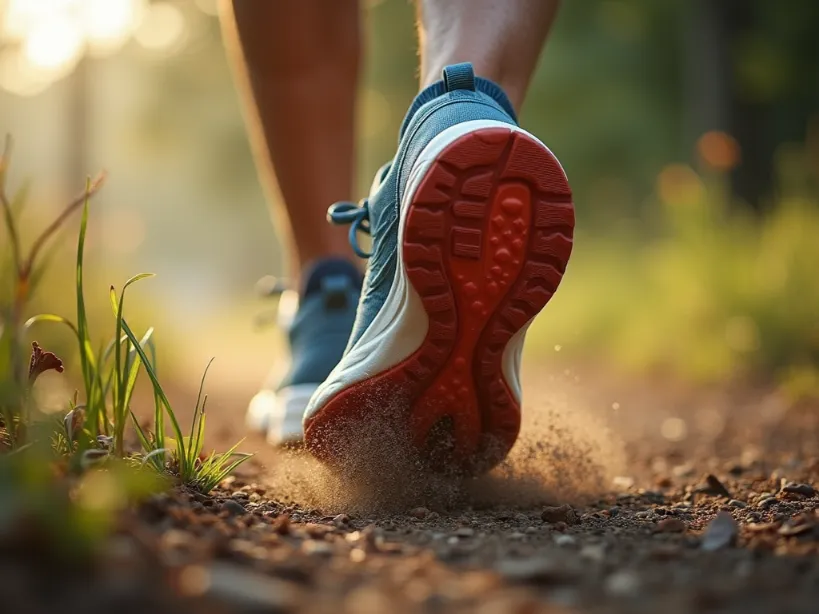 Trail running shoes on a natural path, symbolizing the connection between equipment and terrain.